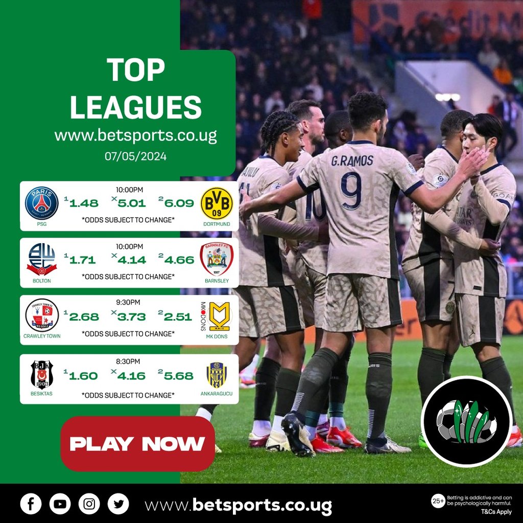 ⚽ Enjoy the #UCL thrill at betsports.ug 🎉 Join now for a 100% first deposit bonus, up to UGX 150k for new members 💸 Get a stake-back bonus if your 7-fold ACCA misses by just 1 game! 🚀 Plus, enjoy a 50% Winning Boost. #PSGBVB #ChampionsLeague