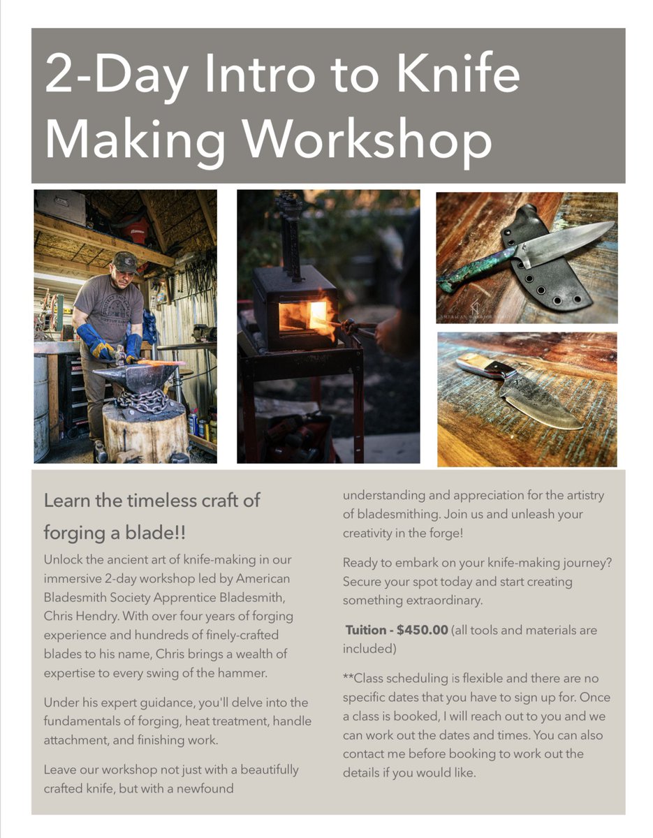 In addition to my other classes, I am now offering a 2 day introduction to knife making workshop! All tools and materials are included and classes are taught one on one! americanwarriorforge.com #americanwarriorforge #bladesmith #knifemaking #knife #knives #idahofalls #idaho