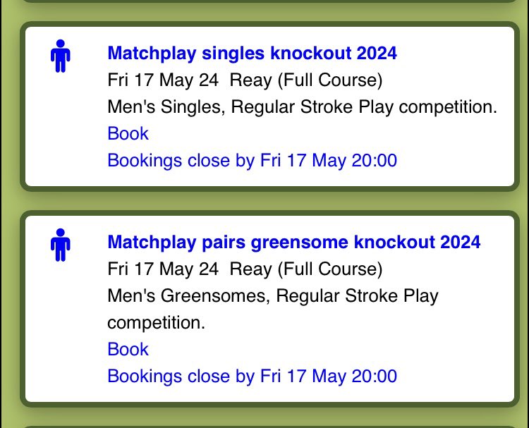 🏌️‍♂️Gents matchplay knock-out competitions 🏌️‍♂️ Entries close for the singles and pairs events on 17 May - you can enter on Masterscoreboard via the link below ⬇️ masterscoreboard.co.uk/mobile/ListOfF…