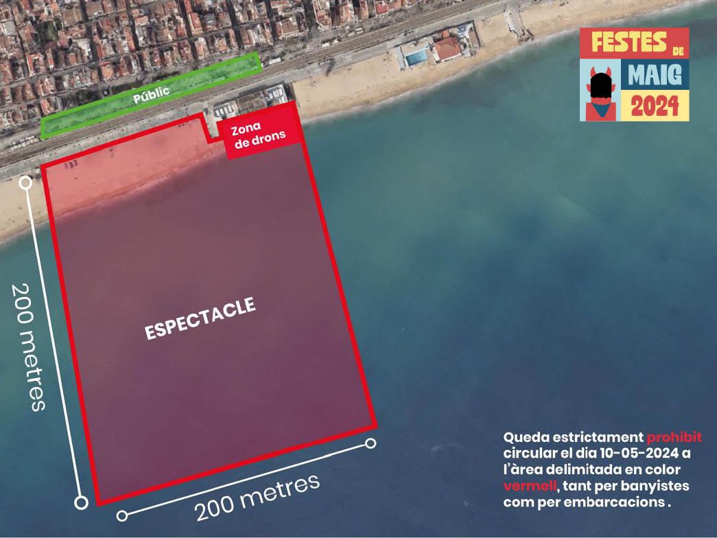 🔴 L’espectacle de drons previ a la Cremada del Dimoni requereix un perímetre marítim de seguretat. Des de les 19 hores fins a la finalització de la Cremada es prohibeix el bany i la presència d’embarcacions davant la platja dels Pescadors #Badalona