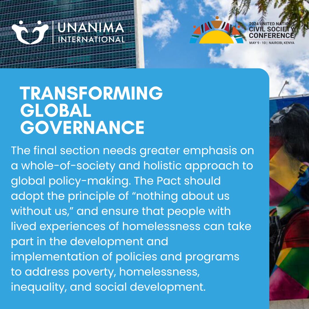 2 days until the #2024UNCSC begins! We at UI are here in Nairobi to center the issue of homelessness, and call on participants to consider how different manifestations of homelessness intersect with with the thematic and priority issues outlined in the Pact for the Future.