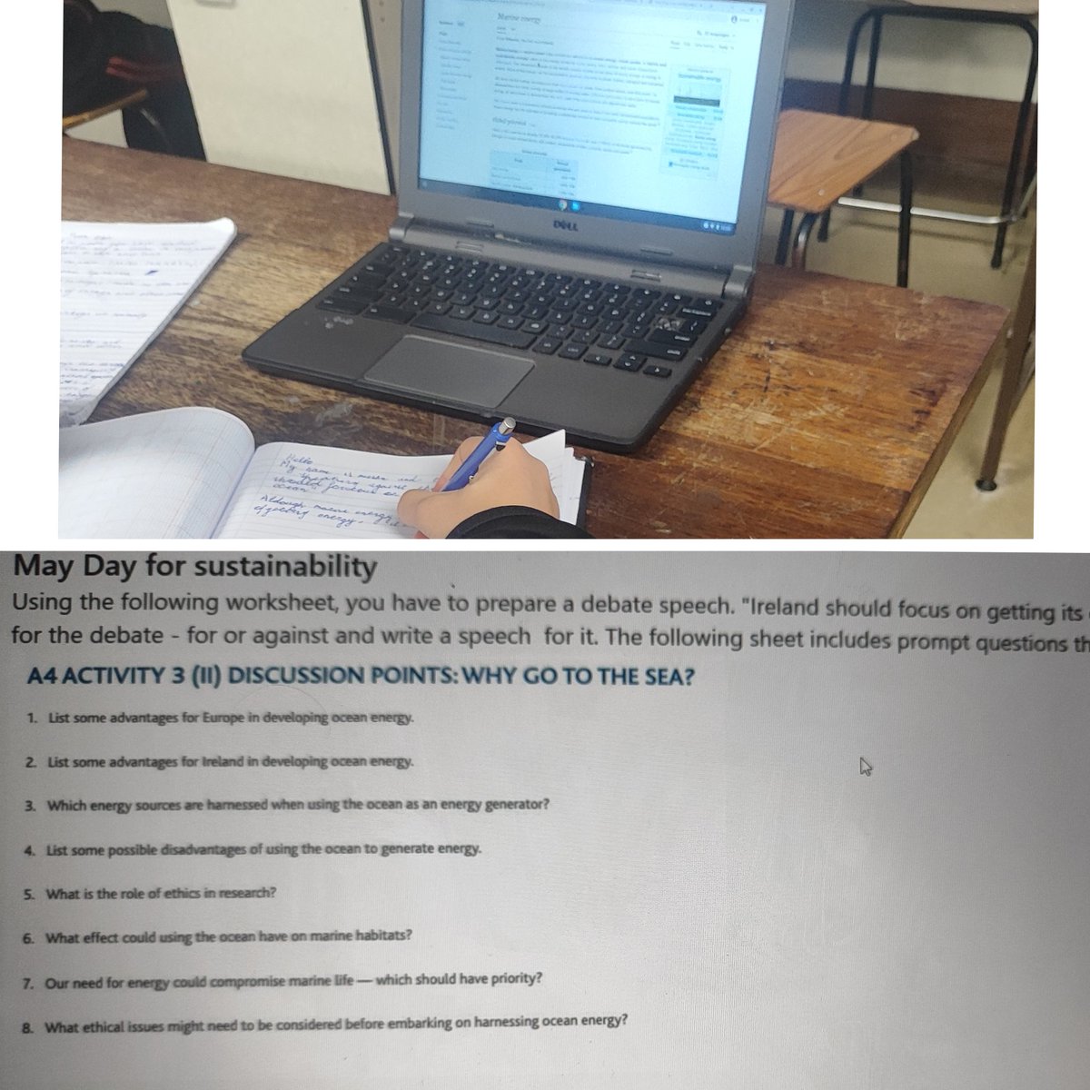 For May Day for sustainability, 2nd year science students started in their preparation for a debate on Marine Energy. Great work being done by all students researching the positives and negatives of Marine energy 🐋 @tipperaryetb #maydayforsustainability24 #etbethos