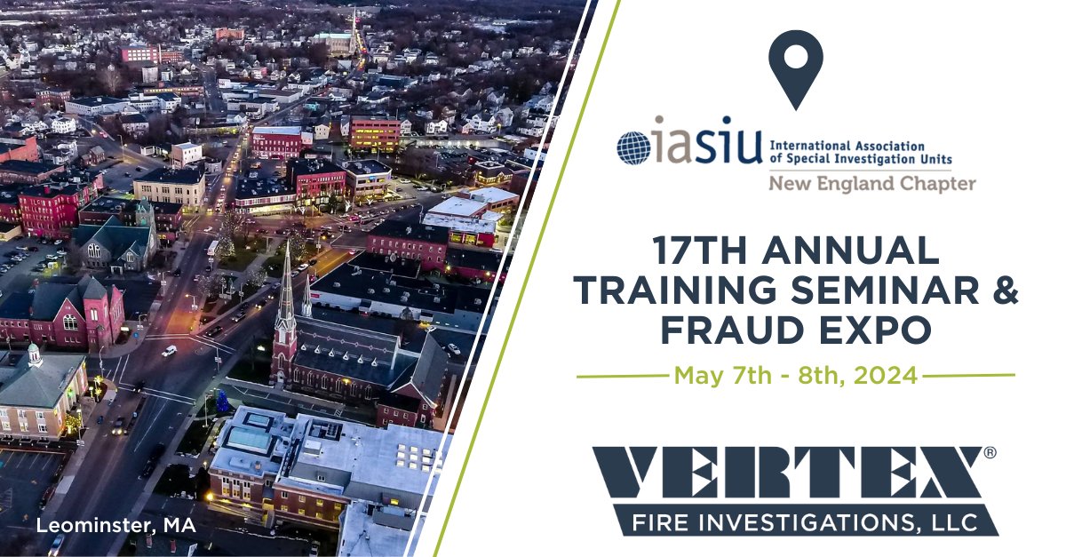 Join VERTEX at @ne_iasiu's 17th Annual Training and Fraud Expo. Explore topics on insurance fraud detection, data science, and AI. Meet John Kreitz and Henry Stormer to discuss fire investigation and litigation support. #NEIASIU #FireInvestigation #LitigationSupport #WeAreVertex