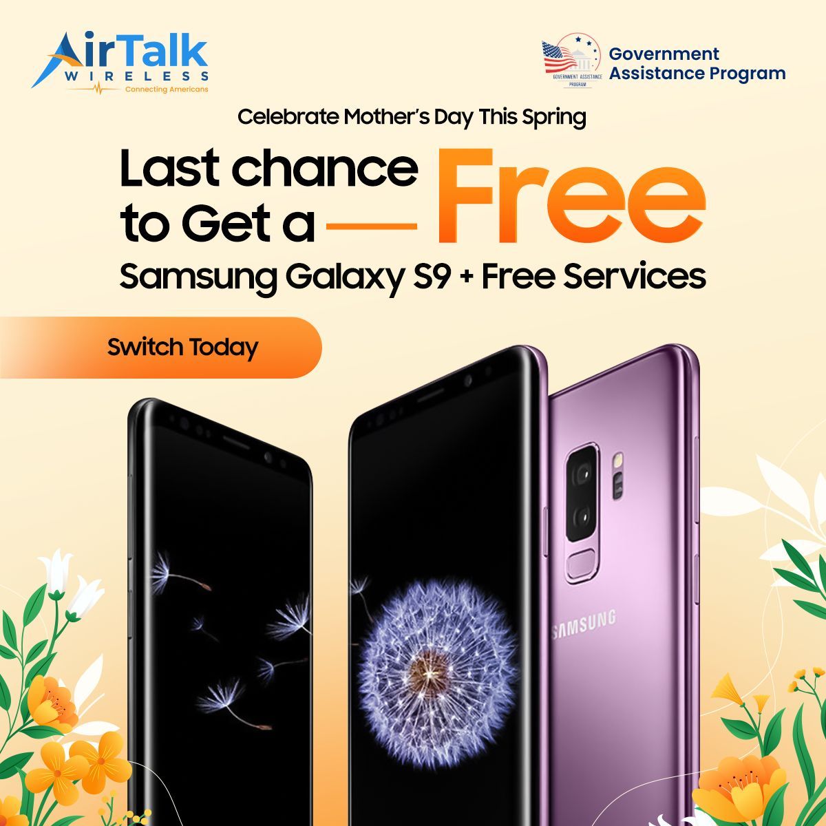 🌸 Get ready for Mother's Day with AirTalk Wireless! 🌸 

Switch today to access FREE services and keep your connections strong. 
Don't miss out on this special offer! 📱💐 
 
#MothersDay #SwitchToAirTalk #StayConnected