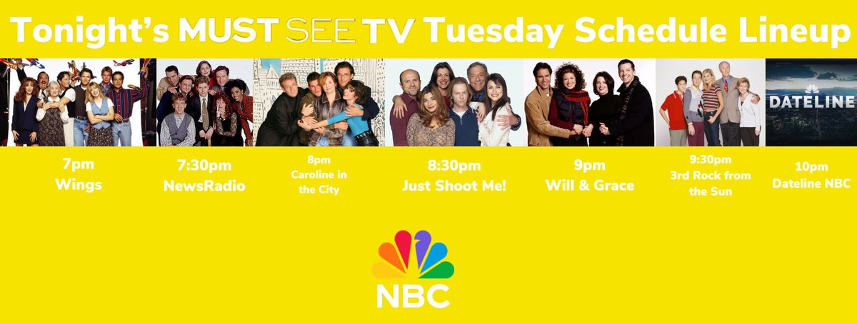 Here’s what’s on tonight’s #MustSeeTV Tuesday we got #Wings, #NewsRadio, #CarolineInTheCity, #JustShootMe, #WillAndGrace, #3rdRock and a bonus news #DatelineNBC so watch it starting at 7pm on #NBC! 🙂😎🕶️🛋️📺
#WingsTV #3rdRockFromTheSun @DatelineNBC @nbc #NBCTV