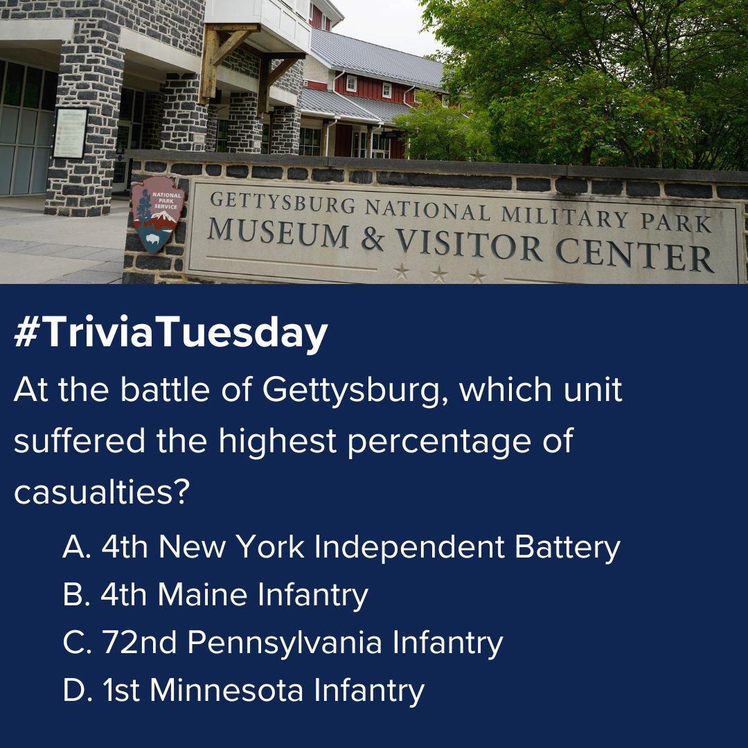 Who’s ready for #TriviaTuesday? 📚 At the battle of Gettysburg, which unit suffered the highest percentage of casualties? Check back at 6:00 p.m. EST for the correct answer. #History #CivilWar #Gettysburg