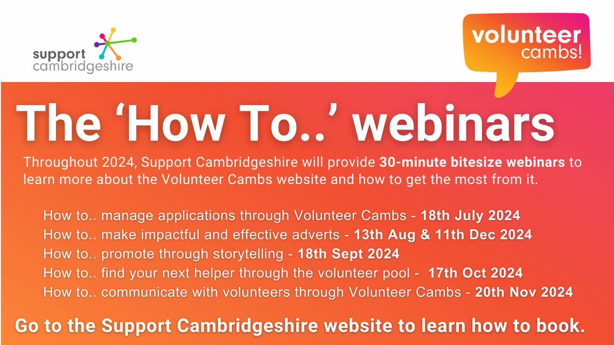 Volunteer Cambs Presents The 'How to' Webinar Series! 🌟 Join us for a series of insightful webinars designed to empower you with the knowledge and tools to make the most out of Volunteer Cambs! 🚀 Starts Thursday 18 July at 10:00am Please book: buff.ly/4dFxf5U
