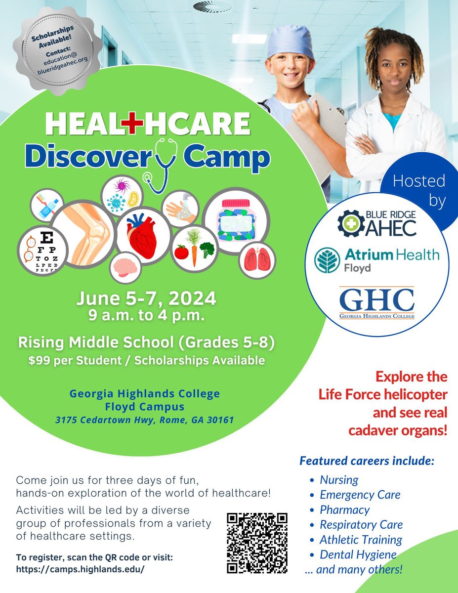 Join us for Healthcare Discovery Camp (rising 5th-8th grades) for fun, hands-on learning about careers in healthcare! For scholarship info, contact education@blueridgeahec.org To register, visit camps.highlands.edu