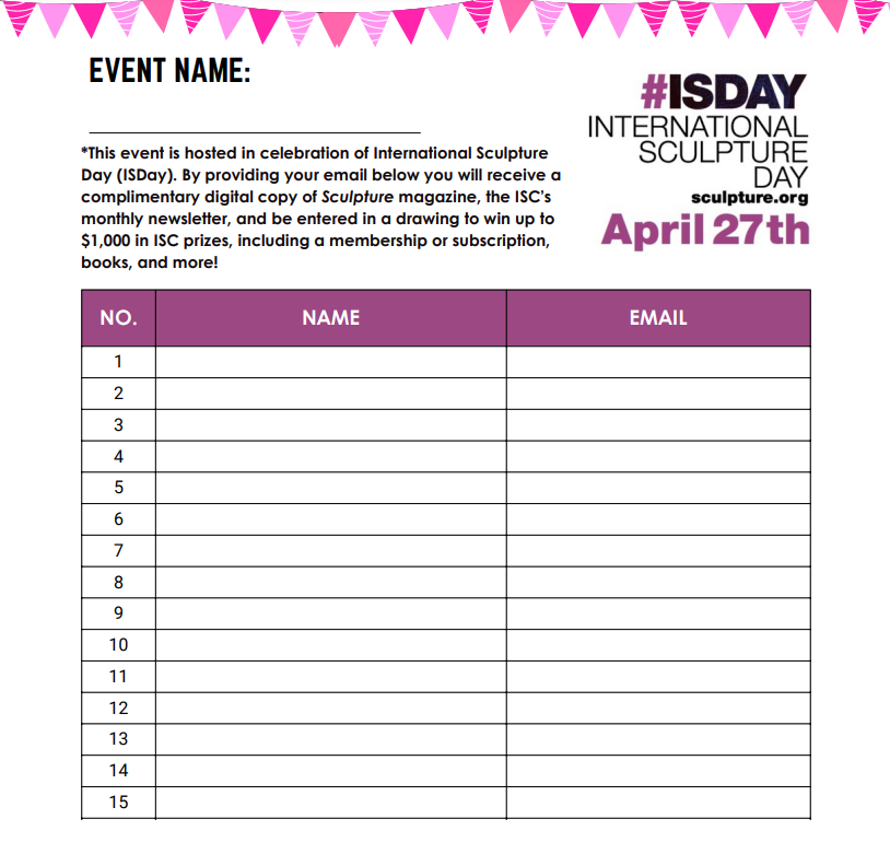 IntSculptureDay's tweet photo. Did your #ISDay visitors fill out our sign up sheet? Don't forget to return the list to isday@sculpture.org to be entered to win $1,000 worth of @intsculpturectr prizes including membership, books, prints, and digital advertising. #sculpture #giveaway #internationalsculptureday https://t.co/JuZNFU65qM