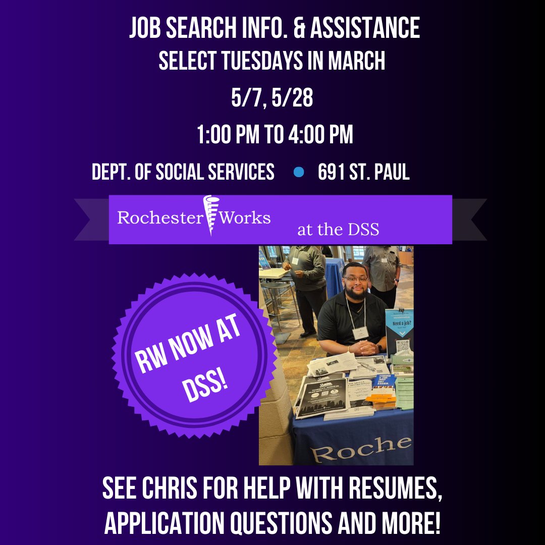 JOB SEEKERS! RochesterWorks Career Services Advisor Chris will be at DSS 691 St. Paul TODAY, providing FREE job search information and assistance to help you with your job search! Come take advantage of these resources. 

#JobSeekers #JobAssistance #YouthEmployment