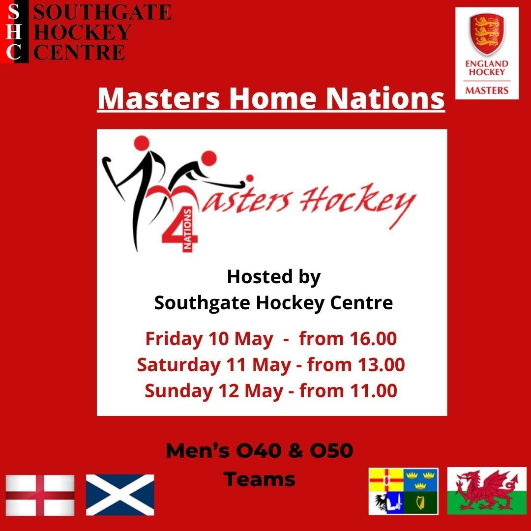 Southgate Hockey Centre is delighted to be hosting the Home Nations Masters for the O40s &amp; O50s.

Matches start on Friday 10th May at 16.00 right throughout the weekend until Sunday afternoon.  

@southgatehockeyclub
@englandhockey
@scottishhockey
<a href="/wales_hockey/">North Wales Junior Hockey</a>
<a href="/ireland_hockey/">Hockey Ireland</a>