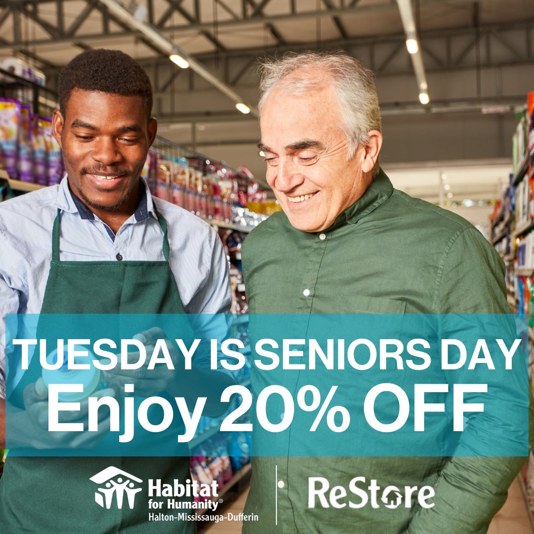 Exclusive Offer for Seniors! All sales are final. This offer cannot be combined with additional discounts. Valid only on Tuesdays. Applicable at Burlington, Mississauga, Milton, and Orangeville locations. #ReStore #SeniorsDay #Sale #HabitatHMD #Habitat