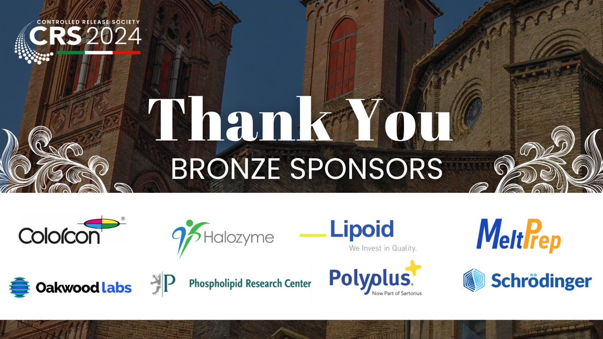 Thank You Bronze Sponsors! Register now: 👉ow.ly/OuLZ50RxmTE CRS would like recognize and say thank you to our bronze sponsors for #CRS2024. Thank you for supporting the CRS 2024 Annual Meeting and Exposition! #controlledreleasesociety #crs #deliveryscience #pharma