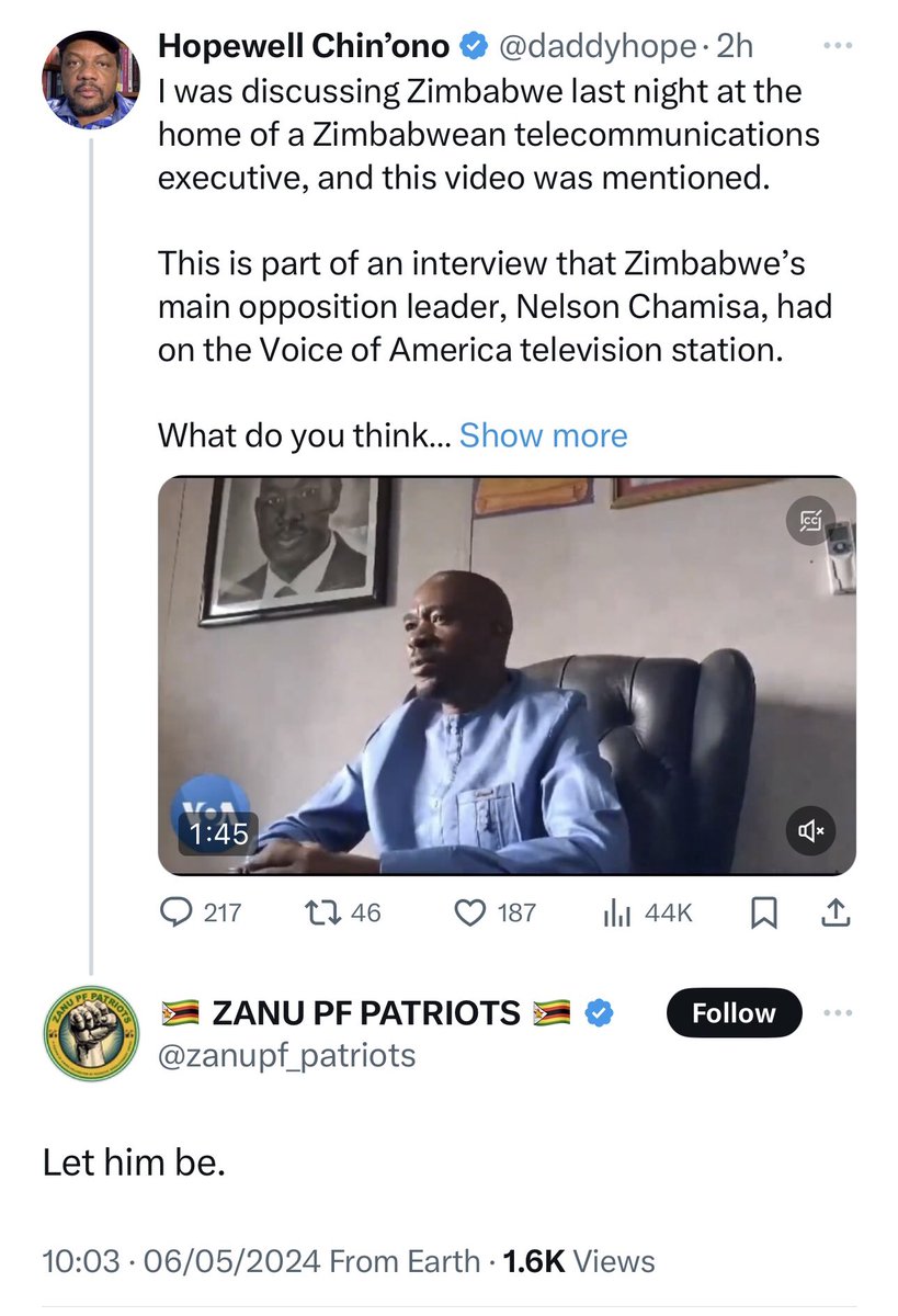 This sycophant is an unstable individual &his hatred’ll take him to the grave. He hates Pres Chamisa to the extent that varakashi tells him to let him be Pres Chamisa doesn’t do anything to please men but God so it doesn’t matter what global,corporate leaders & Zim diplomats say