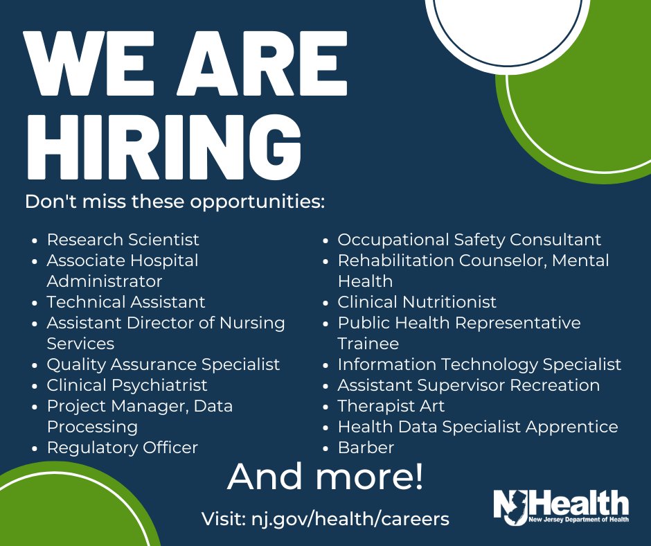 The New Jersey Department of Health is hiring! Check out our listings in Barber, Information Technology Specialist, Clinical Nutritionist, Associate Hospital Administrator, and more: nj.gov/health/careers. #Hiring #HealthierNJ