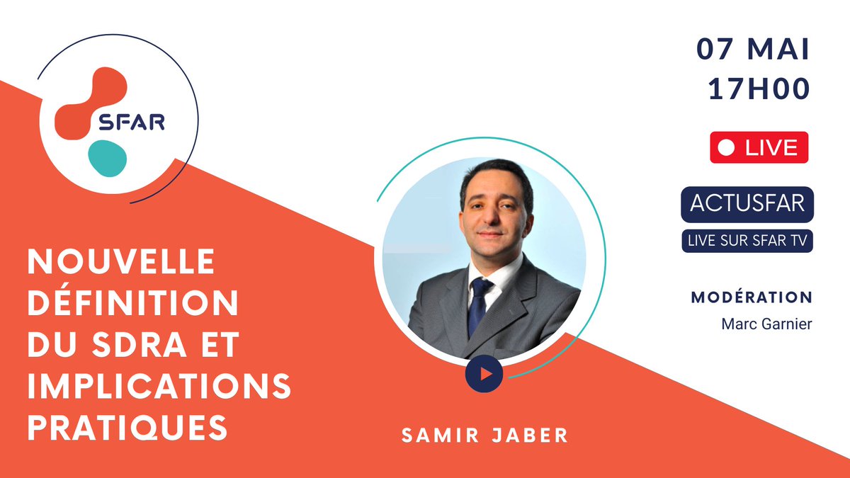 🚨 Aujourd'hui à 17h, ne manquez pas notre live ActuSFAR : 'Nouvelle définition du SDRA et implications pratiques' ❓Durant le live, vous pourrez poser toutes vos questions sur le sujet ➡️ sfar.org/sfar-tv/direct/ @JABERSamir3 @AJARFrance @SNJeunesAR @SNPHARE @SyndicatSnarf