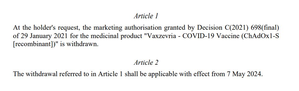 Dziś oficjalne pożegnanie z Vaxzevria, szczepionką na Covid-19 od @AstraZeneca po tym jak producent sam poprosił UE o wycofanie warunkowej autoryzacji na jej stosowanie - przed oficjalnym zakończeniem testów klinicznych ec.europa.eu/health/documen… clinicaltrialsregister.eu/ctr-search/tri…