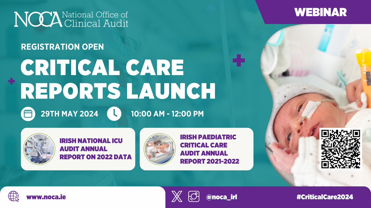🏥 Exciting news! Registration is now open for the launch of the Irish National ICU Audit Annual Report on 2022 data and Irish Paediatric Critical Care Audit National Report 2021-2022. The event will take place via webinar on Wednesday 29th May from 10:00am-12:00pm. Join us for