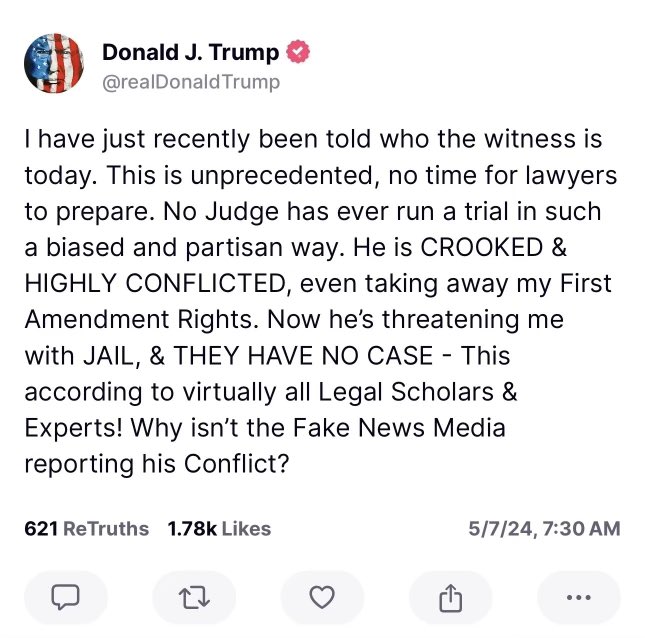 Trump appears to have deleted this post complaining that his legal team didn’t have time to prepare for today’s witness. (I saw it on Truth Social a few minutes ago but it’s gone now.)