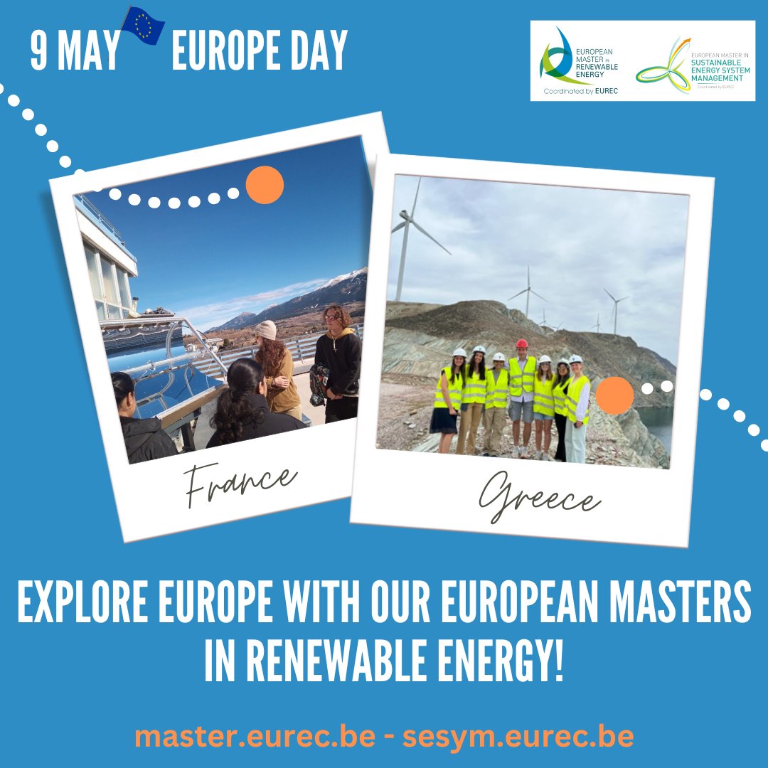 On 9 May, we celebrate #EuropeDay 🇪🇺 If you also want to participate in the #energytransition, our European Masters in #RenewableEnergy and Sustainable Energy System Management will offer you a great opportunity to discover Europe! master.eurec.be sesym.eurec.be