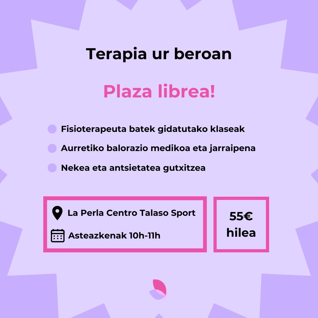 PLAZA LIBRE EN LA TERAPIA EN AGUA CALIENTE

¡Apúntate para hacer clases en <a href="/LaPerlaDonosti/">La Perla TalasoSport</a> !

PLAZA LIBREA TERAPIA UR BEROAN

¡Apuntatu klaseetara <a href="/LaPerlaDonosti/">La Perla TalasoSport</a> -kin!

Llamando al/Deitu 943 32 01 41
WhatsApp al/Idatzi 679 90 10 62

#ssc #fm #sfc #sqm #ehs