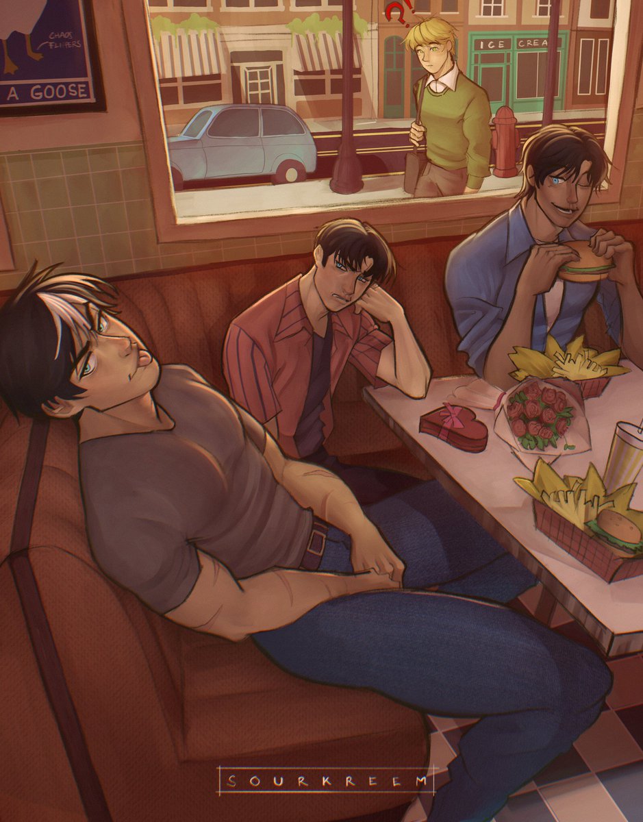 sourkreeem's tweet image. apparently, dick and jason's love language is to crash their baby brother's first date.
#jasontodd #timdrake #dickgrayson #bernarddown #batman #dc