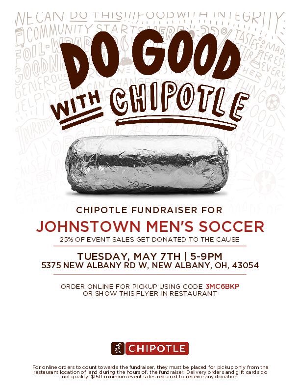Join us at the New Albany Chipotle TODAY, Tuesday, May 7, from 5-9 PM! 🌮🥑🌯

25% of sales will be DONATED to our program to aid in summer showcase fees. Show this flyer in restaurant or order online using code: 3MC6BKP

Thank you for your support!

#Together | #GoJohnnies 🎩
