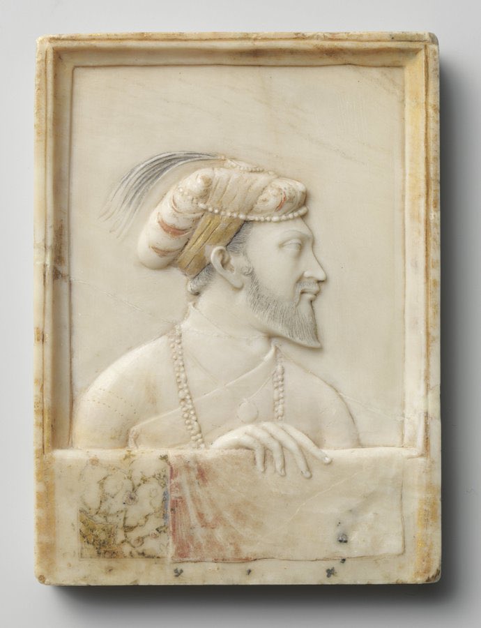 Portrait of Shah Jahan, unknown artist in alabaster, c. 1630 - c. 1650 Shah Jahan (1628–1658) is presented here before the window where he used to appear before the people. The relief was carved by a European who was probably in his employ (Rijksmuseum)