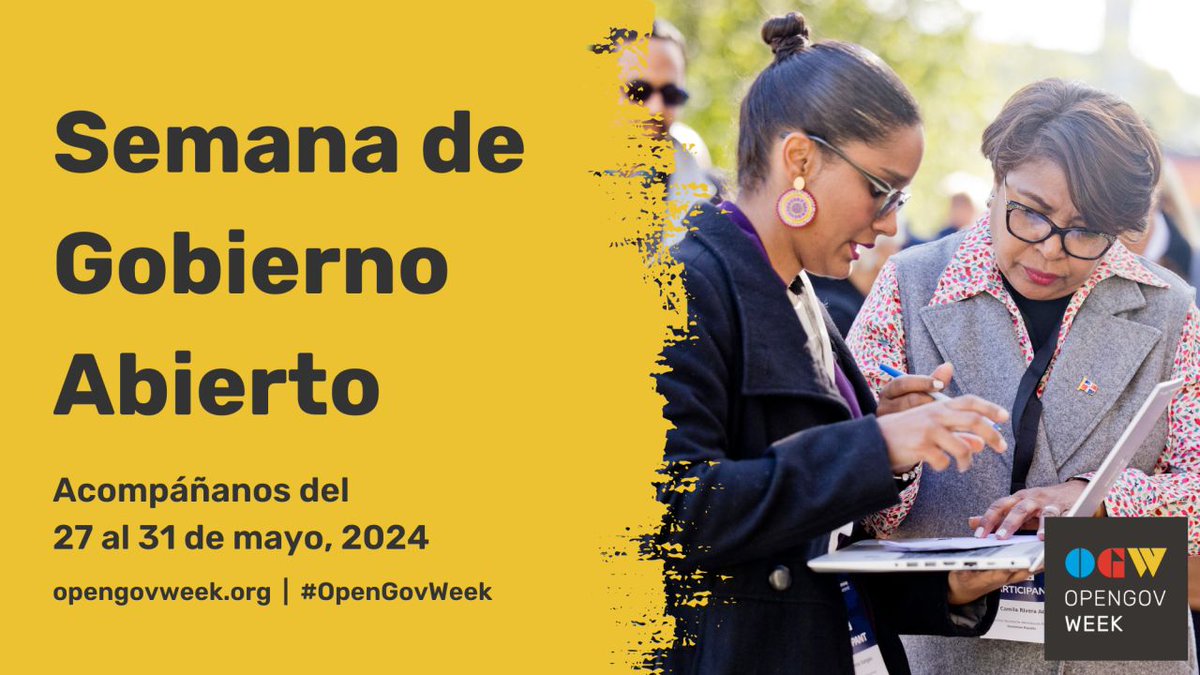 📢 Del 27 al 31 de mayo, convocamos a todos: gobierno, sociedad civil y ciudadanos a unirse y colaborar para avanzar en democracia esta #OpenGovWeek. Inscribe tus eventos y encuentra recursos en opengovweek.org