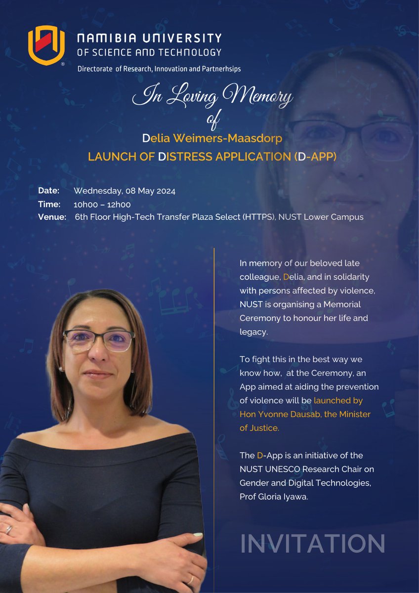 To fight this in the best way we know how, at our colleague Delia Weimers-Maasdorp's Memorial Ceremony 🕊️, an App aimed at aiding the prevention of violence will be launched by Hon Yvonne Dausab, the Minister of Justice.