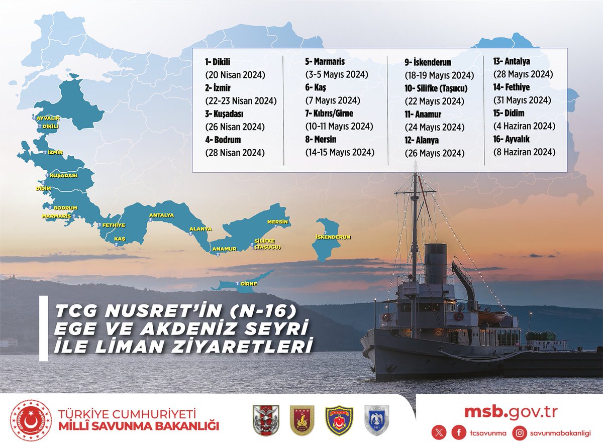 TCG NUSRET müze gemimiz, 8 Haziran 2024 tarihine kadar Ege ve Akdeniz’de liman ziyaretlerine devam ediyor. Gemimize tüm halkımız davetlidir. #MillîSavunmaBakanlığı