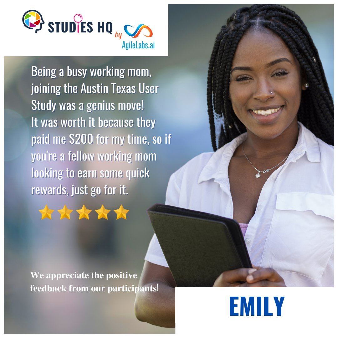 StudiesHQ's tweet image. &quot;Participate in the Austin Texas User Study for busy moms like Emily! Stand a chance to win up to $200 in Visa or Amazon gift cards.
forms.office.com/r/egeE53iKAT
#StudiesHQ #SuccessStory #Efficiency #ImpactfulResults #Teamwork #AustinTX&quot;