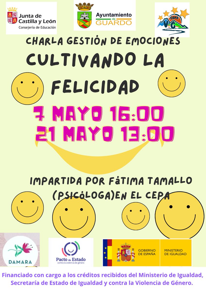 Hoy, en colaboración con el @aytoguardo ofrecemos una charla sobre gestión de emociones y cómo cultivar la felicidad. ¡¡No te la pierdas!! 
#Guardo
