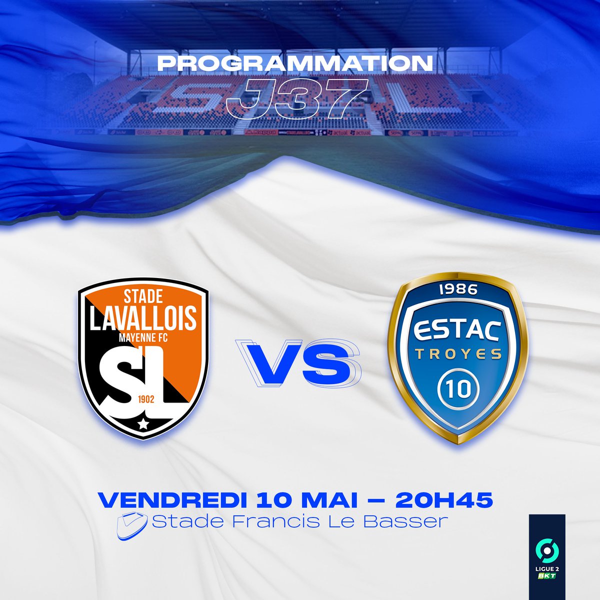 📆 Programmation TV de la 𝗝𝟯𝟳 de @Ligue2BKT. ⤵️ 🆚 @stadelavallois 🗓️ 10.05 - 20h45 🏟️ Stade Francis le Basser 📺 @PVSportFR #TeamESTAC 🔵⚪️