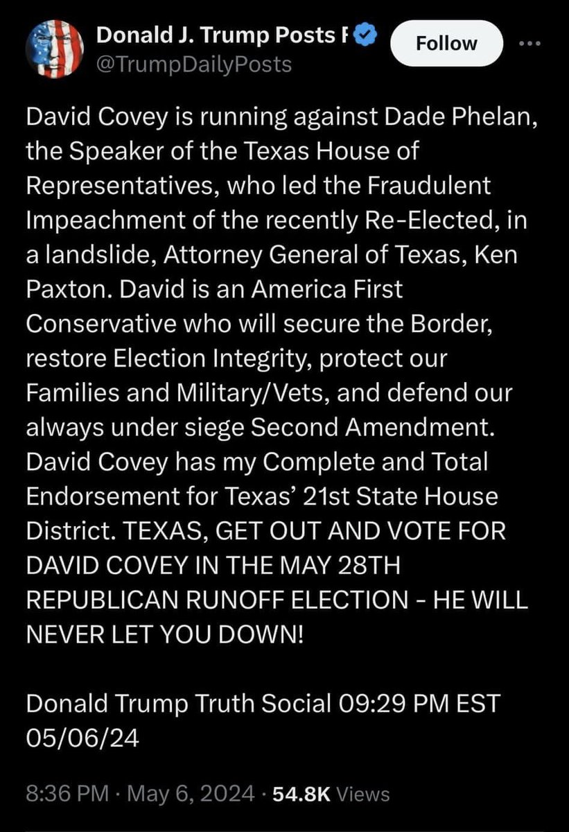 President @realDonaldTrump again urging voters to #DumpDade on the May 28th runoff! #txlege #HD21