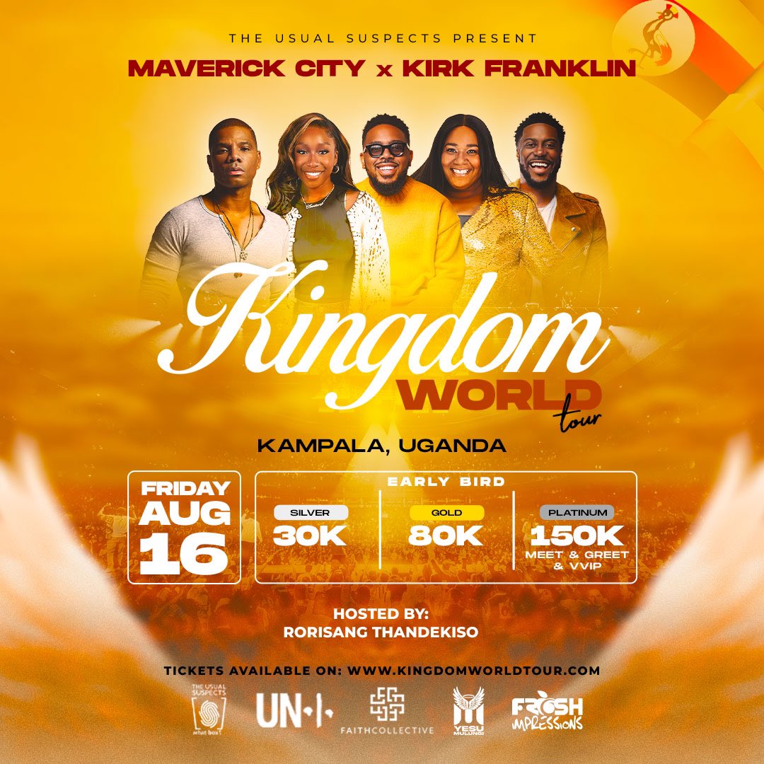 The ticket prices are in! 😃 Silver 🎟️: UGX 30,000 Gold 🎟️: UGX 80,000 Platinum 🎟️: UGX 150,000 Visit KINGDOMWORLDTOUR.COM to buy your tickets now! #KingdomWorldTourUG