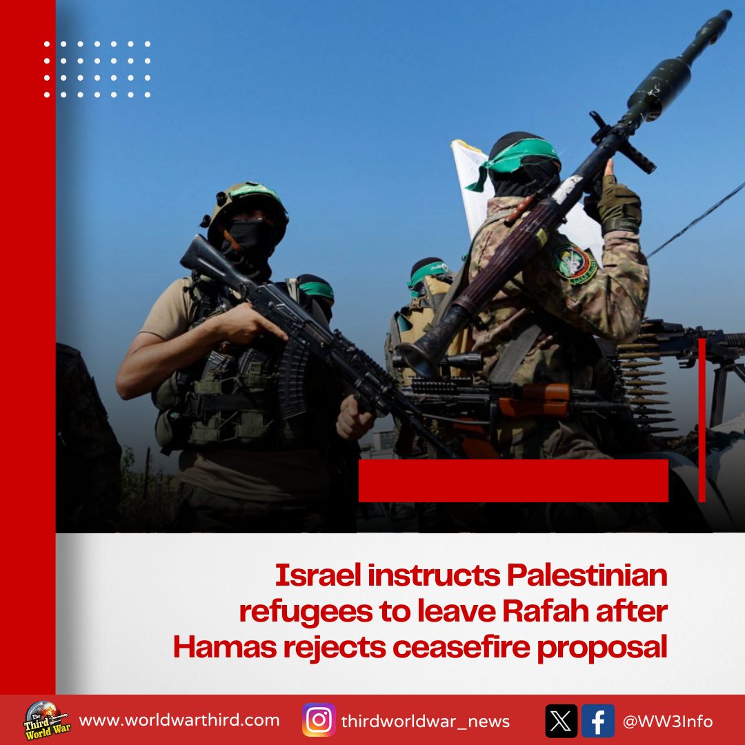 #ThirdWorldWar: Israeli army orders safe #RafahEvacuation as Hamas rejects #GazaCeasefire proposal. Thousands of #PalestinianRefugees leave for #KhanYunis from Rafah, informs @PalestineRCS. Developments confirm IDF set to launch Rafah military operation in the next few hours.