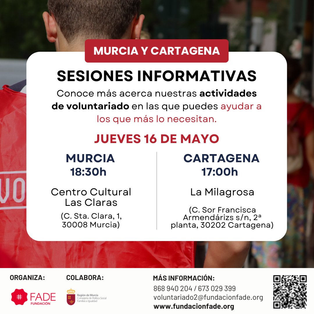 ¡Te invitamos a convertirte en un agente de cambio, sin importar tu edad, puedes marcar la diferencia en la vida de alguien más! 💖 Sesiones informativas de #Voluntariado en #Murcia y #Cartagena ✨ 🔗Inscríbete: fundacionfade.org/hazte-voluntar… Colabora @PolitSocialMur