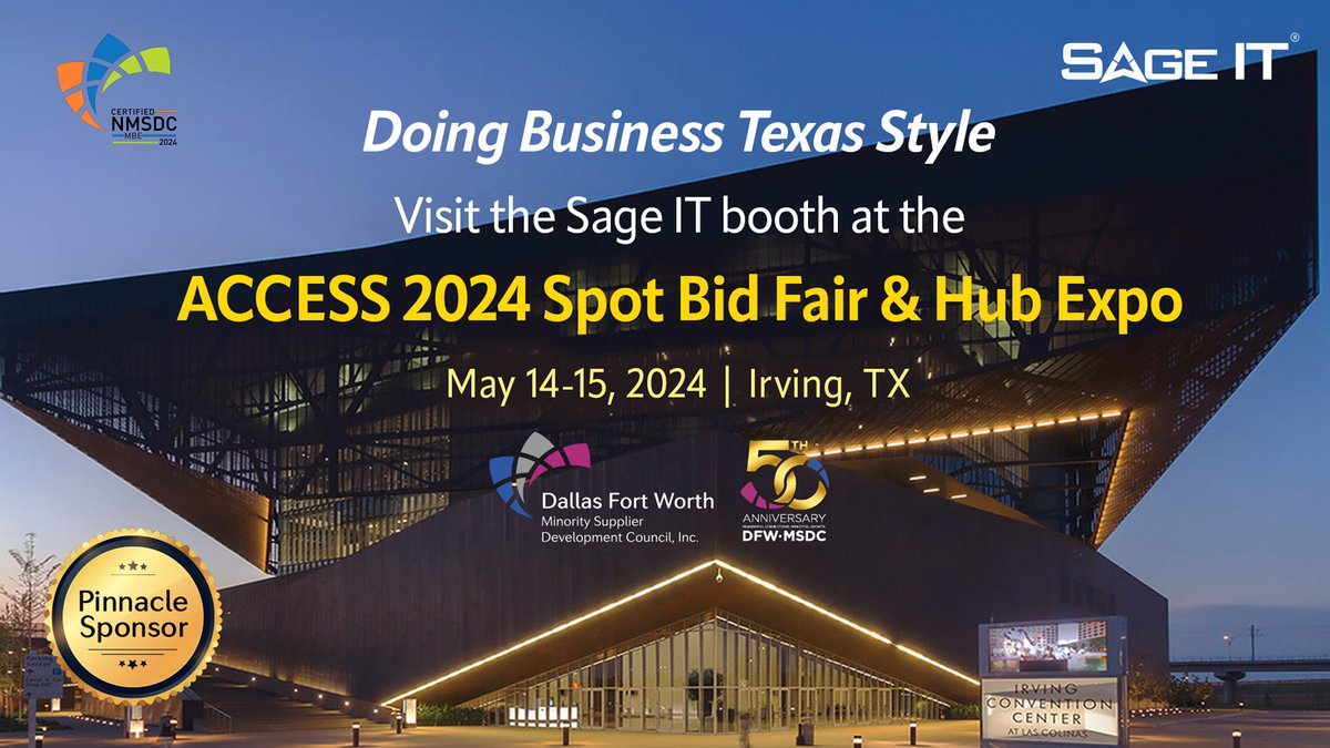 Calling all Texan trailblazers! Swing by the Sage IT booth at the @dfwmsdc #access2024 Spot Bid Fair & Hub Expo in Irving, TX on May 14-15, 2024. As a pinnacle sponsor, we're excited to showcase our innovative solutions. See you there!

#nmsdc #minorityowned #businessexpo #sageit