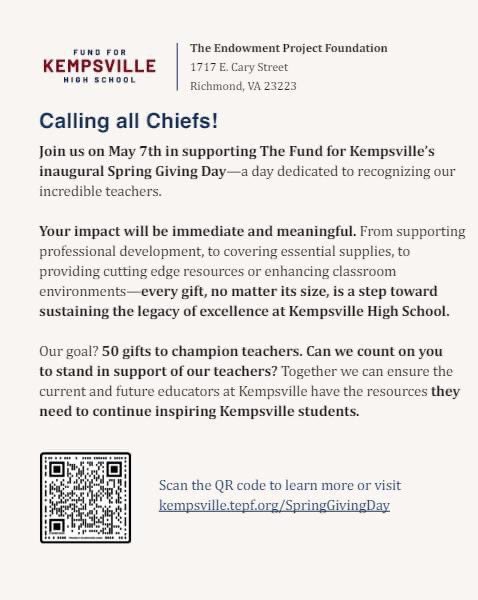 We’re excited to kick off Spring Giving Day. To donate to the Kempsville Endowment use this link: Kempsville.tepf.org/SpringGivingDay #chiefkhspride