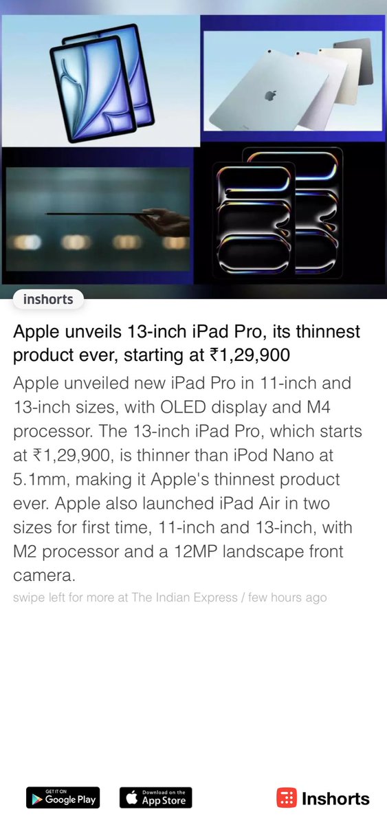Apple unveils 13-inch iPad Pro, its thinnest product ever, starting at ₹1,29,900 shrts.in/cQiky
