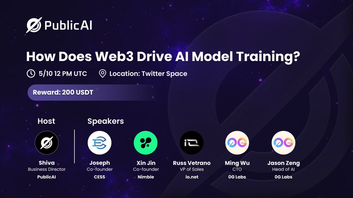 🔥#PublicAI Excited to host a Roundtable: How does Web3 drive AI model training? 🎤@ionet, @CESS_Storage, @Nimble_Network, @0G_labs 📅Date: 12PM UTC, May 10th 📍Venue: x.com/i/spaces/1zqkv… 🎁Win $200 1️⃣Complete Galxe: bit.ly/44yRWw6 2️⃣Ask questions