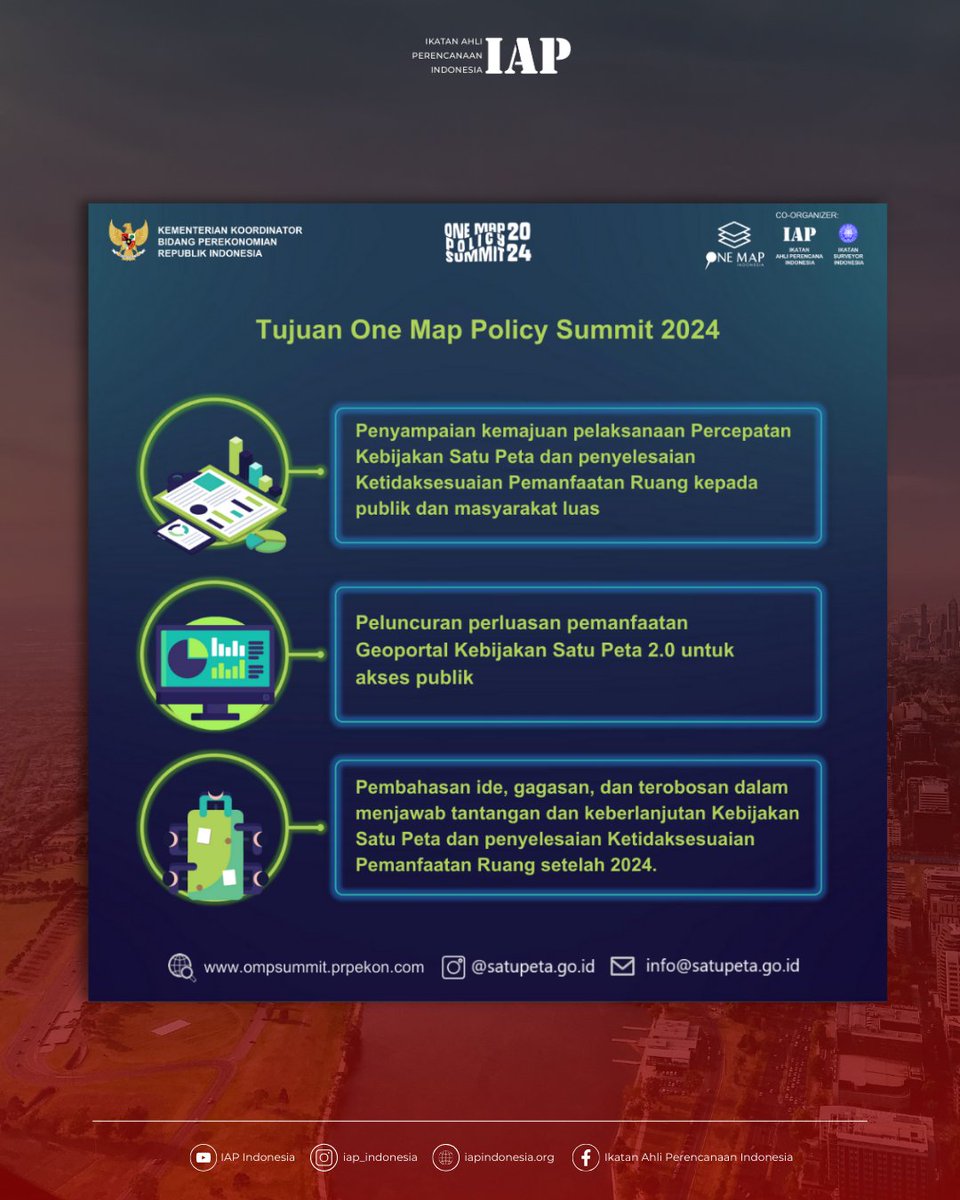 IAPIndonesia's tweet photo. [OMP Talk #1: “Tantangan dan Peluang Teknologi Geospatial dalam Implementasi Kebijakan Satu Peta”]

🗓️: Rabu, 8 Mei 2024
⏰: 09.00 WIB - selesai
🎥: Live dari Ruang Rapat KPPIP, Gedung Pos Ibukota, Kementerian Koordinator Bidang Perekonomian, Youtube @KPPIP dan IG @satupeta.go.id https://t.co/CihG6R22lM