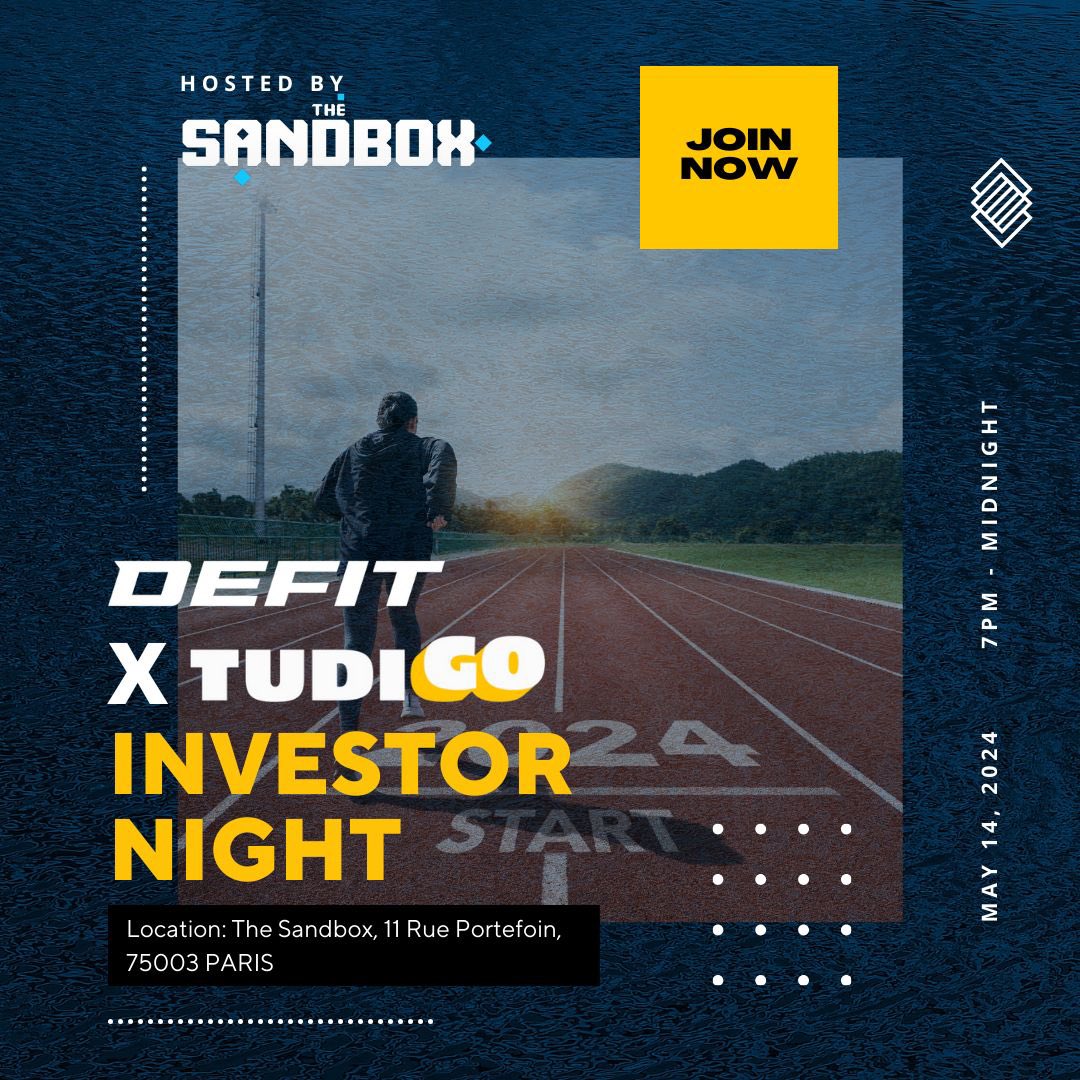 GM ☕ A reminder to join us on May 14th for a very special investor night co-organized with @TheSandboxGame and @TudigoFR ! 💙⚡ Keynote sessions by @borgetsebastien @ataraxiaDEFIT @bilalelalamy @AlexandreLaing , buffet and networking, celebrations… 🎉 👉REGISTRATION here :