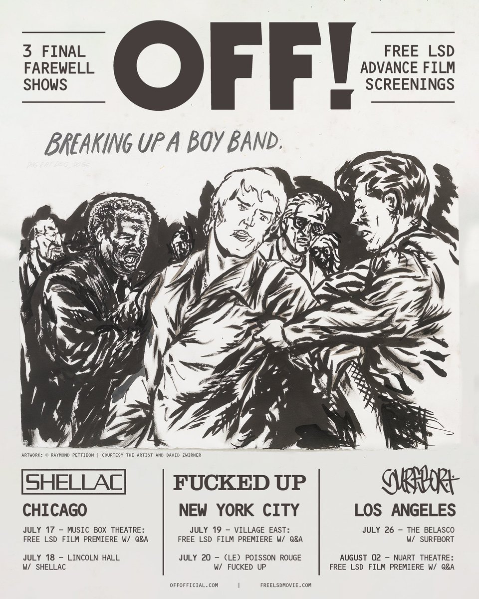 We're playing 3 final farewell shows in July to celebrate the theatrical release of @FreeLSDmovie. Come see OFF! live one last time and join us at the Chicago, New York City, and Los Angeles premieres of the film! Tickets & info: offofficial.com/live