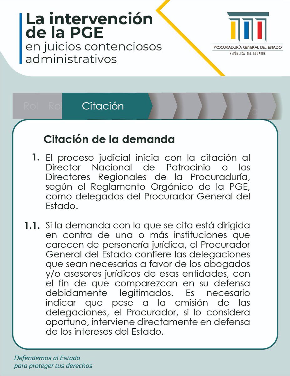 #PGECapacita🇪🇨| La intervención de la Procuraduría en los juicios contenciosos administrativos: El proceso judicial inicia con la citación al Director Nacional de Patrocinio o los directores regionales de la PGE como delegados del Procurador General del Estado. ⬇️⬇️⬇️