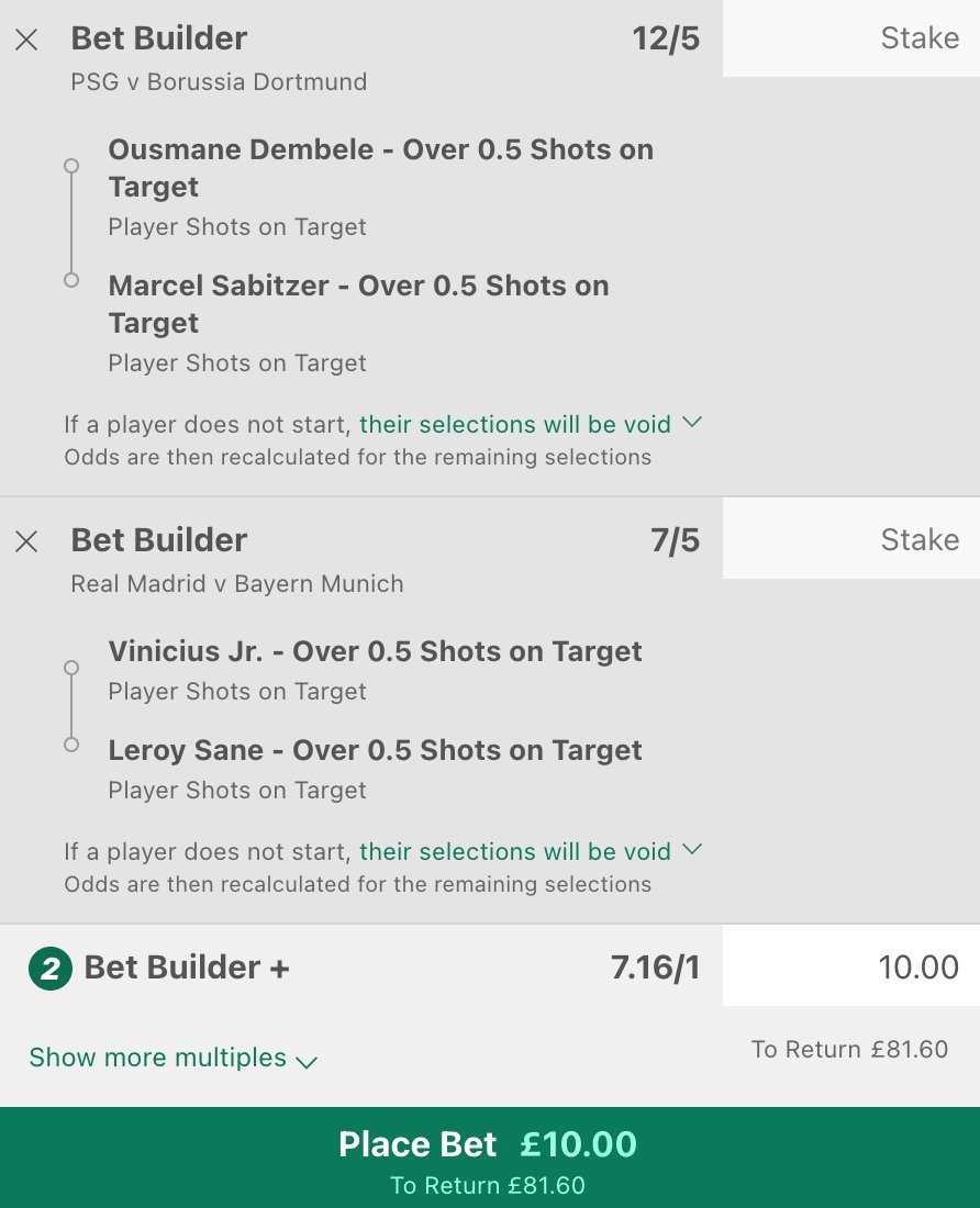 🎯 UCL SOT BetBuilder Double 🎯

7.16/1 @ bet365

✍️ Dembele- Had a SOT in the reverse fixture & §+ SOT has landed in his last 3 UCL games.

✍️ Sabitzer- Had 3 SOT in the reverse fixture & 1+ SOT has landed in his last 6 games in all comos.

✍️ Vini Jr- Had 3 SOT in the reversr…