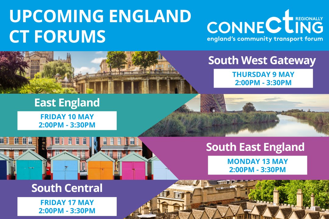 Join us at one of the upcoming ConneCTing England CT Forums! 🚐 Explore regional #CommunityTransport solutions and actionable insights in our virtual sessions, all starting at 2pm: ctauk.org/events/ For details or to discover your next forum, email England@ctauk.org