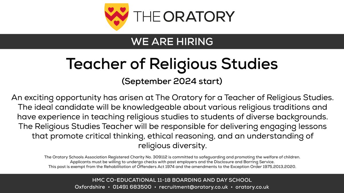 The Oratory School is looking to recruit a Teacher of Religious Studies. Find out more: bit.ly/OSEmployment #OratoryJobs #OratoryRecruitment #JobVacancy #TeachingJobs @HMCTeachingJobs @CISCSchools