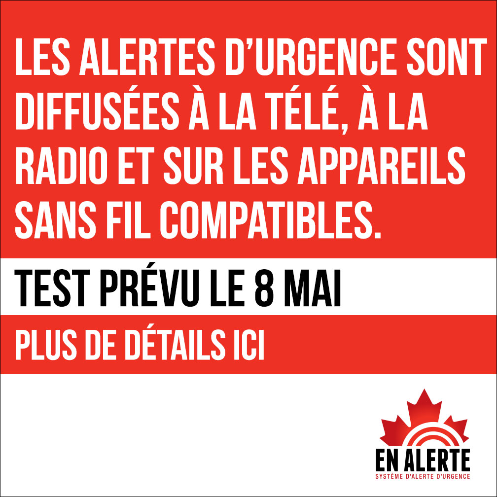 Vous pourriez recevoir un message d’alerte d’urgence sur votre téléphone aujourd’hui!

Découvrez à quelle heure vous pourriez recevoir cet essai et ce que vous devez faire lorsque vous le recevez:

enalerte.ca/information-ec…

#EnAlerte #TestAlerte